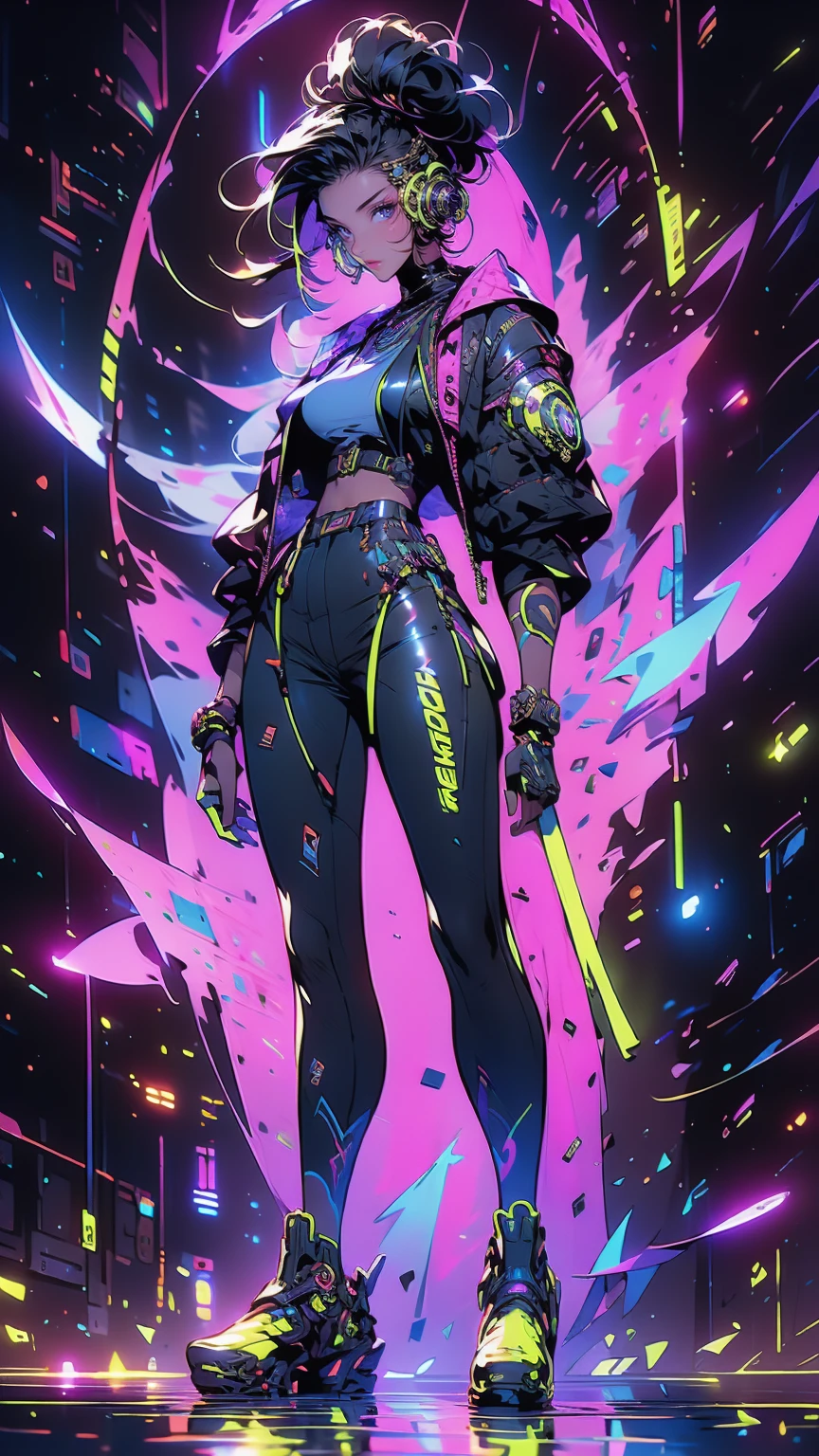 An ultra-realistic and ultra-detailed, Intricate Retrowave Environment, ((full body portrait)), (Downward View, From Above), A Gorgeous caucasian celestial goddess, barefoot, (Small Hips Slim Body), (Straight Black Hair), (silver eyes), ((smaller breasts)), Wearing Tight Small (Cut Up) Cyberpunk Shorts,, (Confident Pose), Dynamic Angle, (From The Bottom), Galactic Clouds everywhere adorned with vivid chemiluminescent stars and galaxies floating through the cosmos, Atmospheric, radiating luminous cosmic energy, multicolored, vibrant lighting, visually stunning, surreal, epic, legendary, radically fantastic, sharp uhd, dof, 8k resolution, enhanced-realism