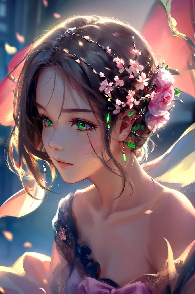 2D, (Best quality, masterpiece, Beauty, tenderness), anime, Highly detailed face, very detailed eyes, very detailed background, perfect lighting, whole body, 1 girl, One, Cat's ears, ears are not visible, sakura, Sakura Branches \(sakura flowers\), Pink dress, green eyes, Finely detailed eyes, ears covered with hair