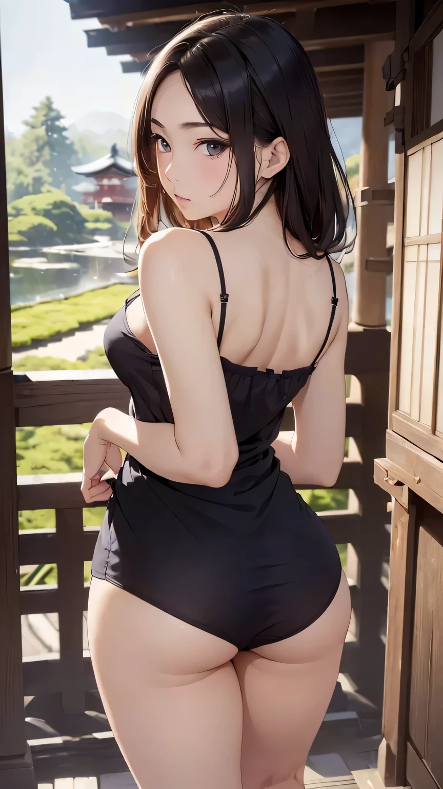 (((masterpiece))),(((High resolution)))、(((8K)))、(((perfect face)))、(((beauty of japan)))、40 years old、(((beautiful face))), (((camisole))), panty, embarrassed look, look at the camera, (thighs)、top quality eyes, detailed texture, look at the camera, standing, plump, ((back)), ((ass)), low angle