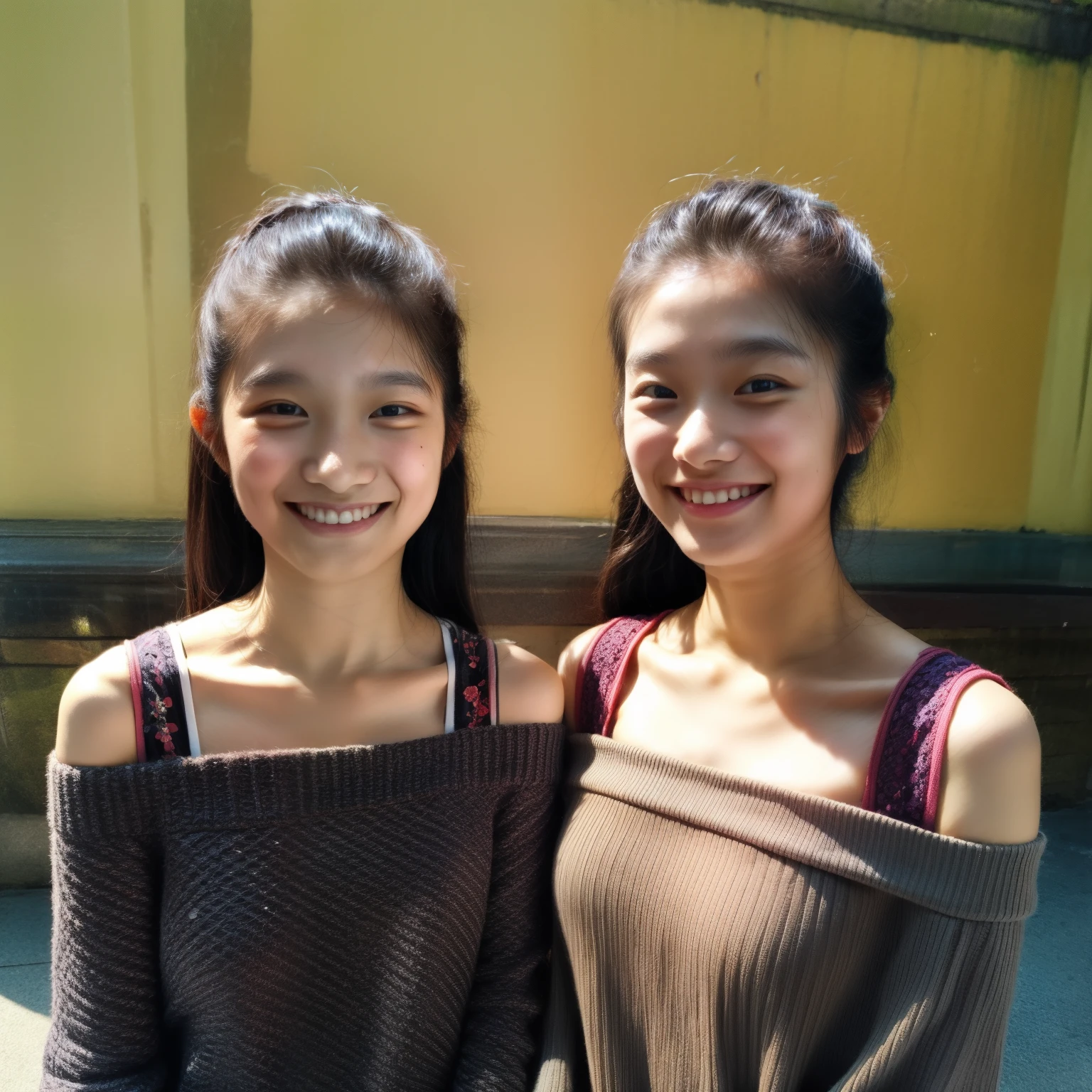 identical twin sisters, 16 years old, bangs, Smile、off-the-shoulder top、Commemorative photo