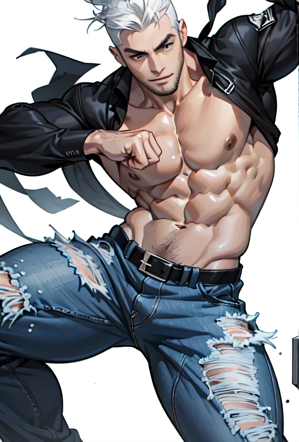Muscle uncle, shirtless, wearing ripped jeans pants, looking at the camera, anime style,perfect body,male body,strong muscles,Abdomen muscles are wavy..,abdomenfull, with crew cut haircut, holding a heart-shaped crystal, highly detailed, 2d illustration, done in photoshop, vibrant colors, composite lighting, nice and perfect face, stubble, handsome, (white background:1.5), (blank background:1.5), masculine shapes, manly, dynamic pose, dynamic angle, sharp and crisp image