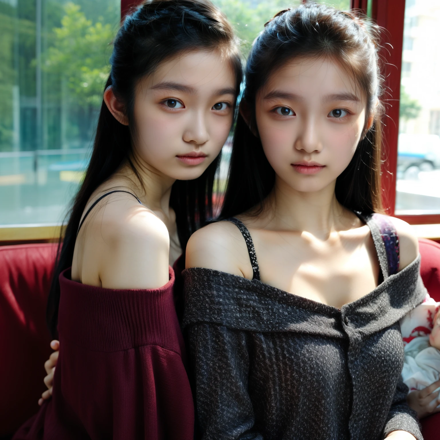 identical twin sisters, An older sister holds her younger sister from behind、16 years old, bangs, Close-up、off-the-shoulder top