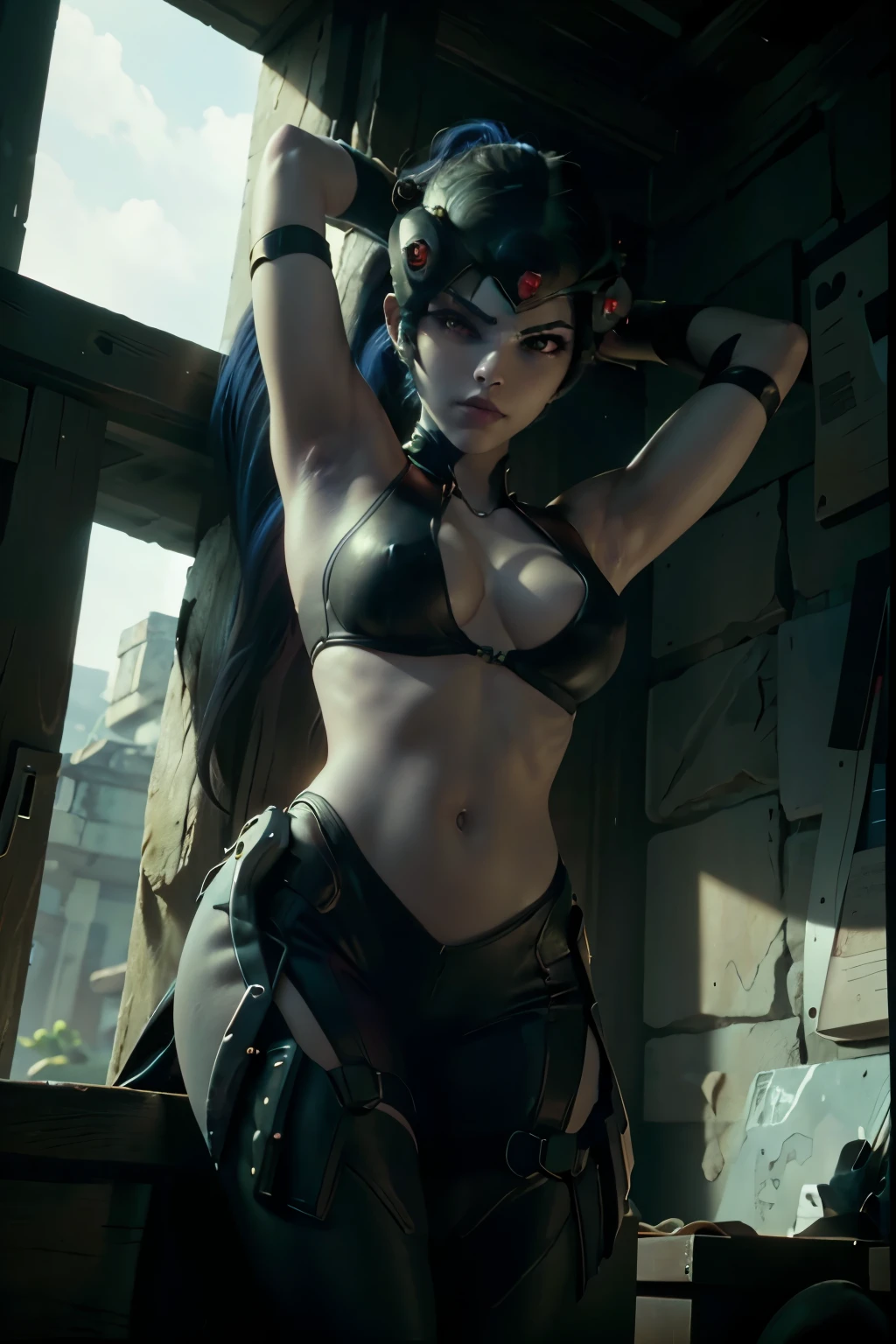 8k, highres,NSFW, 1girl, owmaker, black bra, arms up
