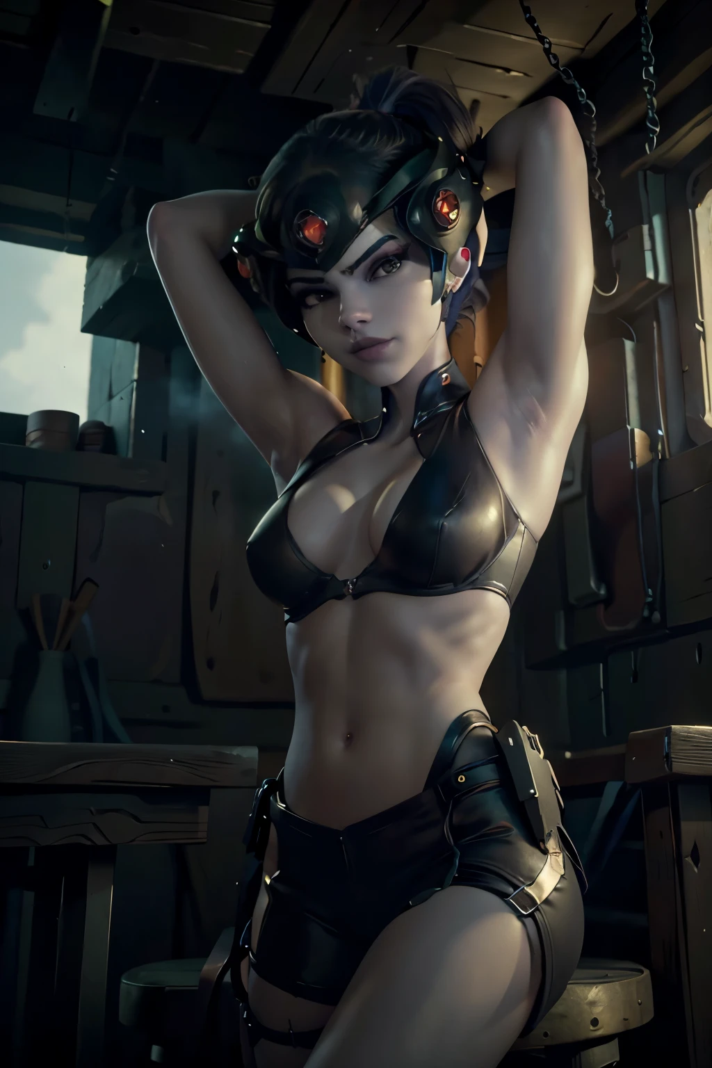 8k, highres,NSFW, 1girl, owmaker, black bra, arms up
