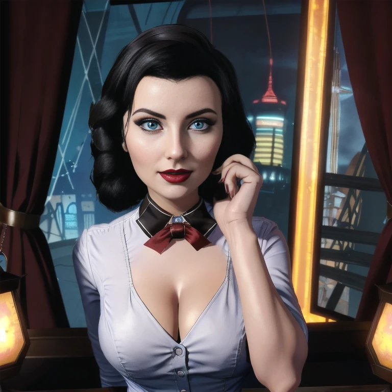 Elizabeth comstock, white blouse, portrait, full body, beautiful sexy smirk, bioshock city, red lipstick, blue eyes, cleavage, (8k, RAW photo, best quality, masterpiece:1.2),ultra-detailed, (high detailed skin:1.2), 8k uhd, dslr, soft lighting, high quality, 