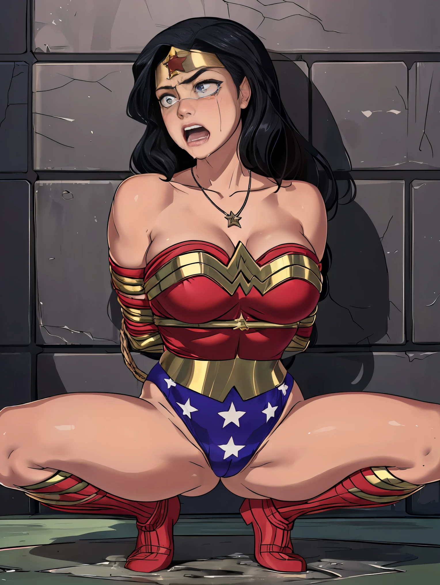 (((mulher maravilha, em uma cela de pedras, Drunk, drogada))) ,((SUPERHEROINE mulher maravilha IS A FILTHY OLD WHORE)), ((emotional expression,expression of pain and despair, gritando de dor, expression of suffering, olhos arregalados)),(Wonder Woman is squatting, on tiptoe), (She's crying a loa tem cabelo preto, ela tem cabelo longo)), ((She wears a thick metal necklace around her neck...)), (Ela esta vestindo roupas imorais, she is wearing indecent clothes), (obra-prima, melhor qualidade) 1.5, 1 garota, sozinho, (sexy, mulher bonita, rosto perfeito, olhos perfeitos), corpo inteiro. ((She is wearing starry lace panties)), tears running down your face)), ((WonderWoman in Strappado bondage ,arms are bound behind their back, then by use of some method of attachment such as a rope or chain that runs from their wrists to a securing point above, their arms are lifted behind them until the person is forced to bend forward)), (((emotional expression,expression of pain and despair, gritando de dor, expression of suffering, olhos arregalados, expression of fear, corpo se contorcendo de dor))))