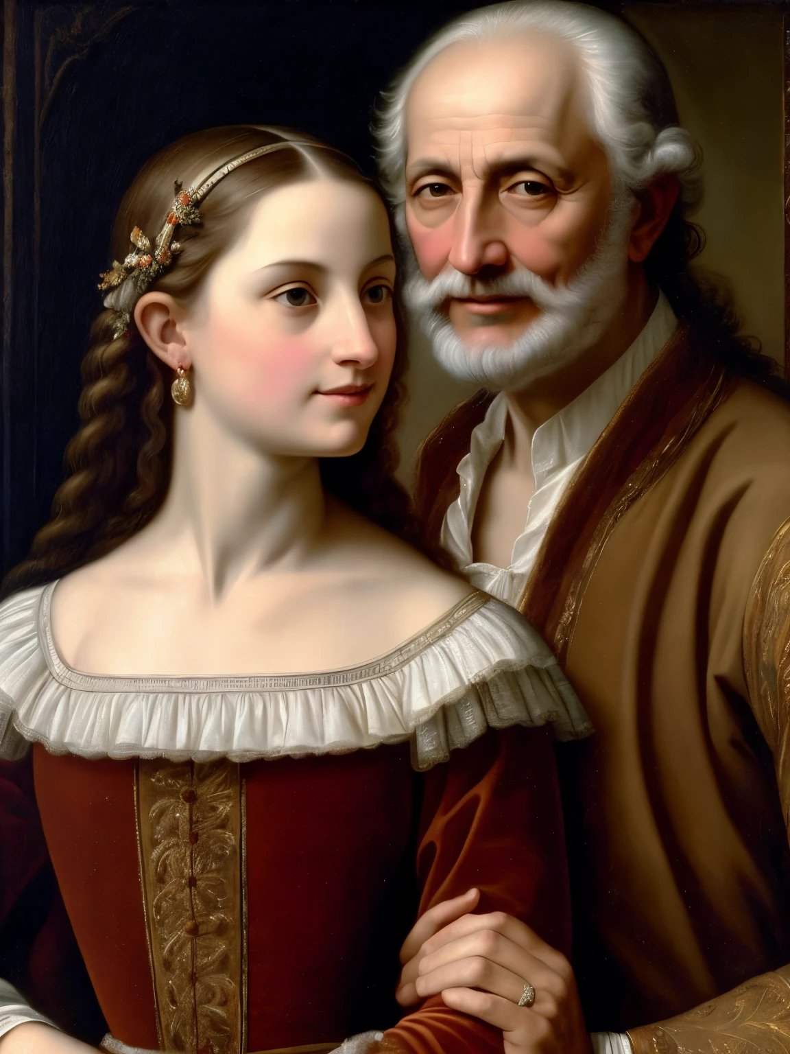 A captivating masterpiece of Santos Gordiano y Valeria in the Renaissance style, rendered with an oil painting finish for a rich and velvety texture. The clear light illuminates their robust figures, casting subtle shadows that emphasize the intricate details of their clothes and their expressive faces. Gordiano is depicted with a thoughtful, introspective gaze, while Valeria offers a gentle, enchanting smile. This artwork exudes a sense of warmth and depth, transporting viewers to a bygone era. High resolution, seamless texture, brilliant colors, oil painting, Renaissance style, Santos Gordiano y Valeria, clear light, detailed, stunning, masterpiece, best