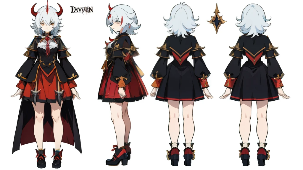 tmasterpiece，Need，1 Female demon，A high resolution，bleeding from the corners of her mouth，hoang lap，Fang，tiny horns，Collar，large chain，Black all over，Oversized coat，（ultradetailed：1.1025），（illustratio：1.1025），（infography：1.1025），Patent drawings，Physical measurement，（All clothing requirements：1.1025），papelaria， （独奏：1.1025），standing on your feet，Have a cohesive background，5 fingers in the hand，fittings：Red rope chain，character sheets，black in color, blanche, Red tones