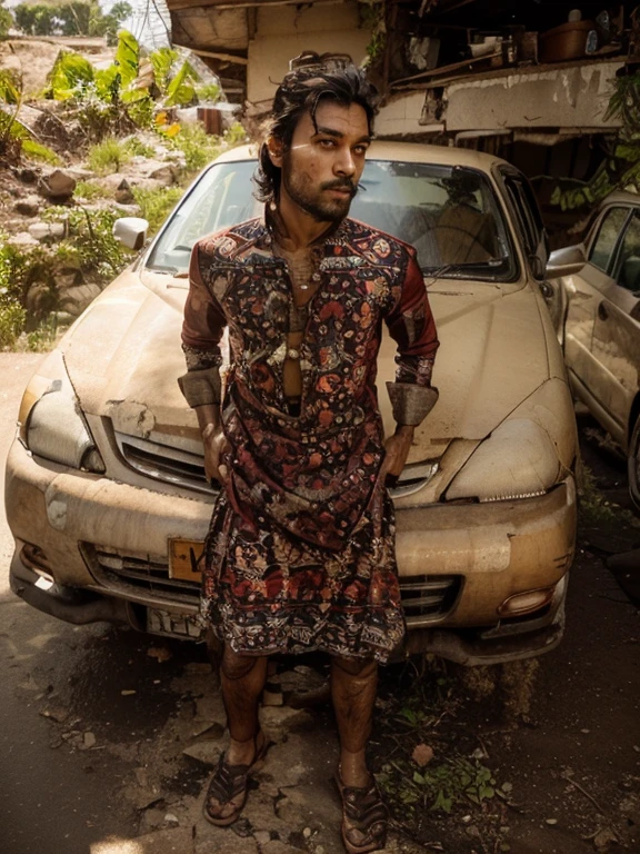 masterpiece, best quality, high resolution, closeup portrait, male focus, solo focus, A man, 23 years old, with Indian Curta, red curta clothes, Indian Guy, long black hair, messy hairstyle, natural day light, cute and seductive face, facial hair, roman nose, very skinny body, dimples, beard, bold jawline , in the background a old garage, photo with Car , leaning, sweaty, sunburnt, attractive, view from below, amazing composition, front view, HDR, ultra quality, elegant, highly detailed