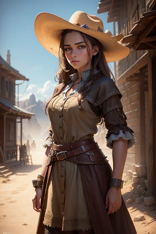 One girl in hyper-realistic western clothes, fantasy art, realistic, dynamic lighting, art station, highly detailed face, 4k, Award history,