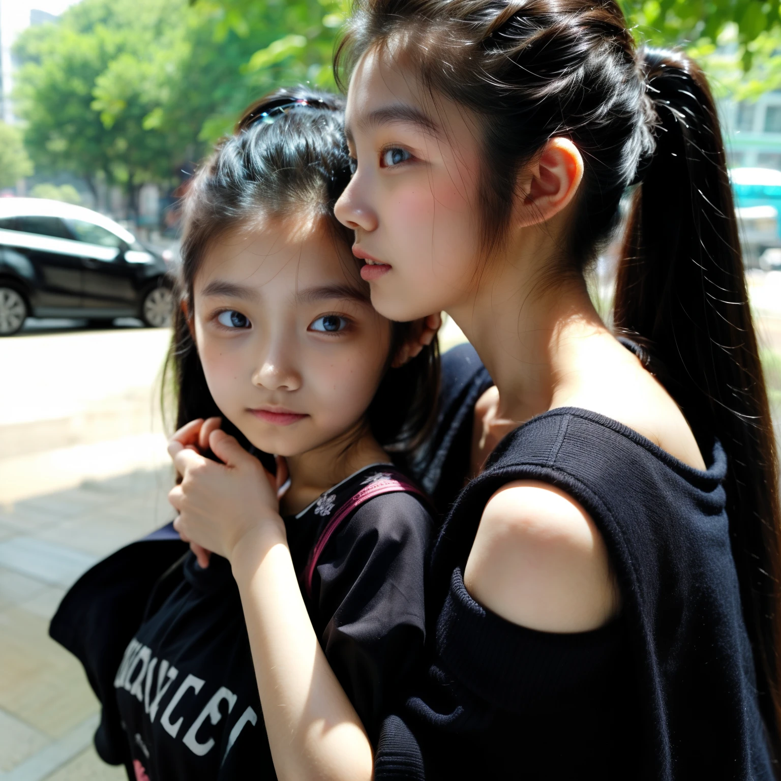 identical twin sisters, An older sister holds her younger sister from behind、16 years old, bangs, Close-up、off-the-shoulder top