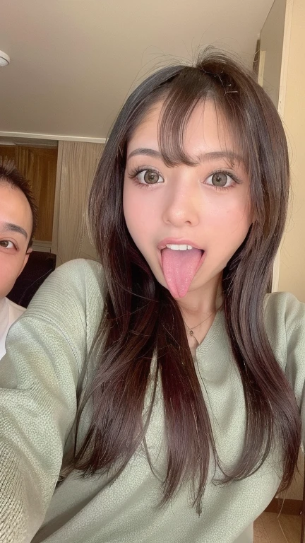 Japanese woman beautiful girl baby face top quality realistic skin eyes are in focus 20 years old stick out tongue focus on mouth open mouth long tongue saliva open mouth wide see inside of mouth open mouth and stick out tongue 