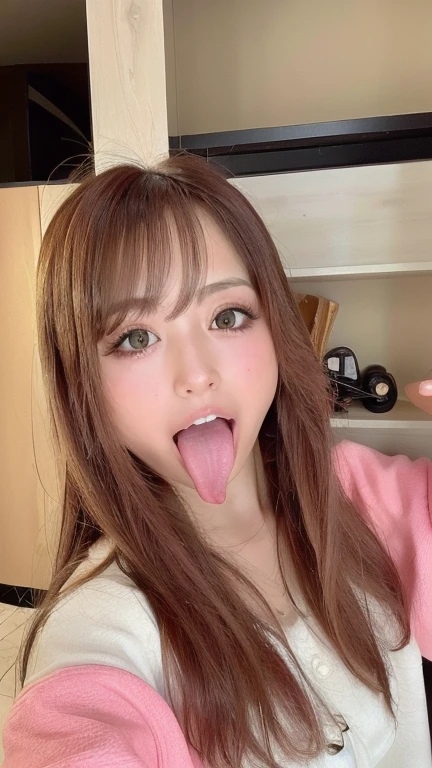 Japanese woman beautiful girl baby face top quality realistic skin eyes are in focus 20 years old stick out tongue focus on mouth open mouth long tongue saliva open mouth wide see inside of mouth open mouth and stick out tongue