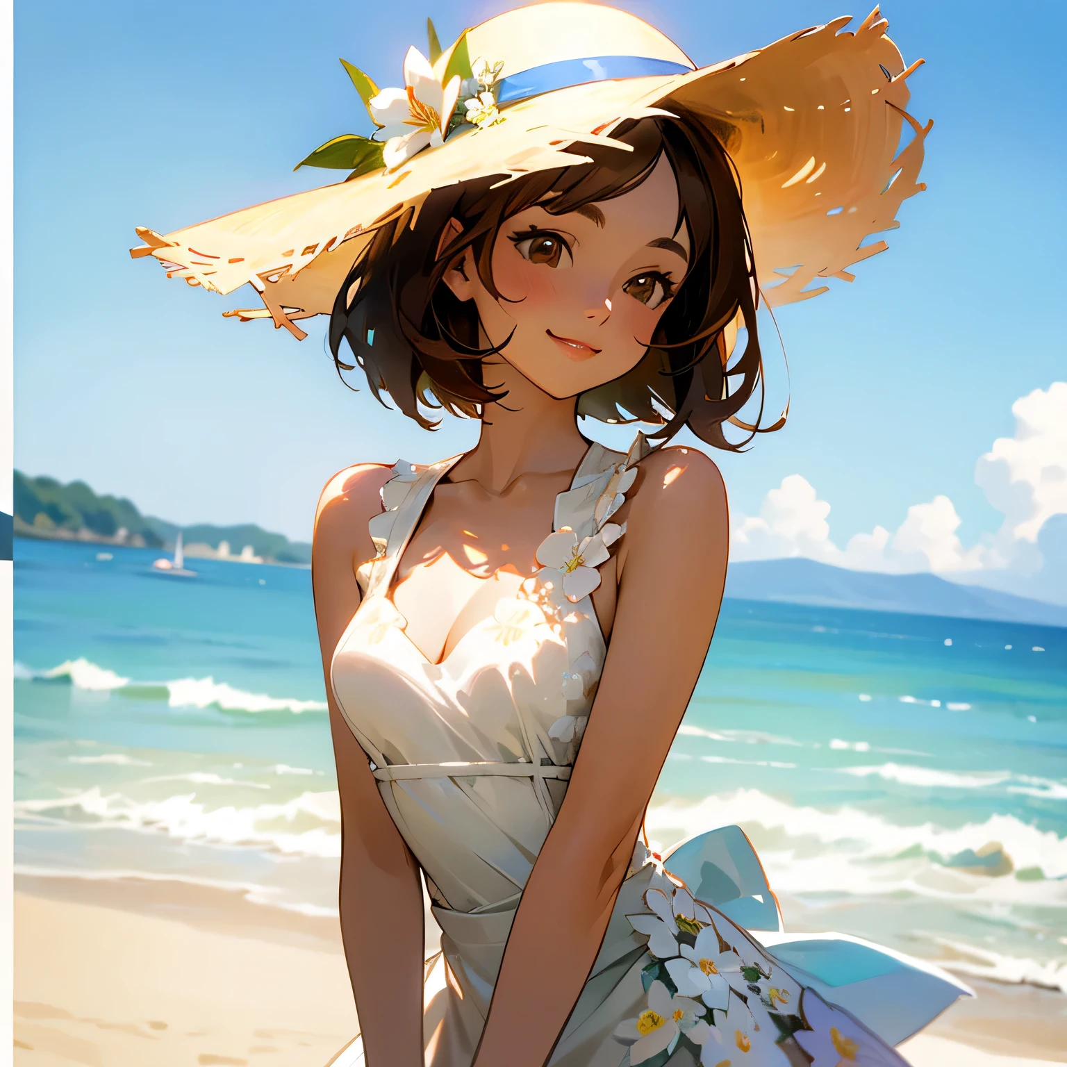 (Best quality, dynamic lighting, highly detailed, HDR) Brown haired young woman, mature, beautiful, bob hair, brown eyes, slim, medium-small breasts, white floral summer dress, summer hat, bare shoulder, cleavage, sleeveless, smiling, head shot, beach background.