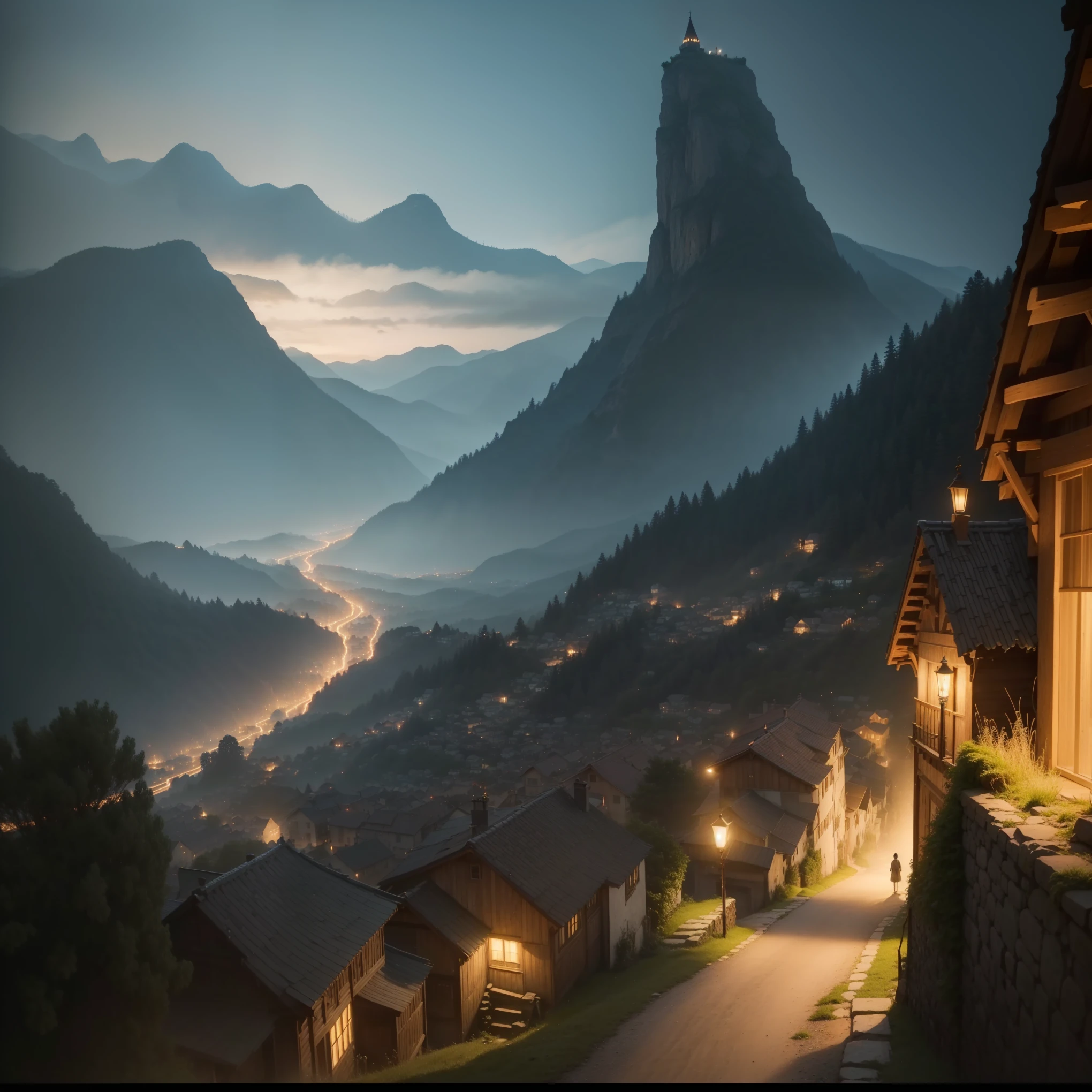 And so, the village that was once hidden away in the hills became a beacon of light, drawing curious souls from all corners of the world to experience the magic of wisdom, friendship, and personal growth,(best quality,4k,8k,highres,masterpiece:1.2),ultra-detailed,(realistic,photorealistic,photo-realistic:1.37),dark and melancholic atmosphere,