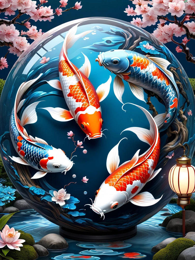 yin and yang Koi Fish, digital art, insanely detailed and intricate, ornate, retro cyberpunk fantasy, hyper realistic, hyper maximalist, wrapped in a transparent glass orb, lush Japanese aesthetic garden with cherry blossoms and lanterns with koi fish patterns in background, atomic design style of 1950's retro futurismo, with a color scheme of blue and white