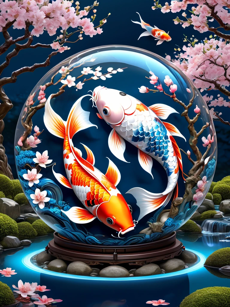 yin and yang Koi Fish, digital art, insanely detailed and intricate, ornate, retro cyberpunk fantasy, hyper realistic, hyper maximalist, wrapped in a transparent glass orb, lush Japanese aesthetic garden with cherry blossoms and lanterns with koi fish patterns in background, atomic design style of 1950's retro futurismo, with a color scheme of blue and white