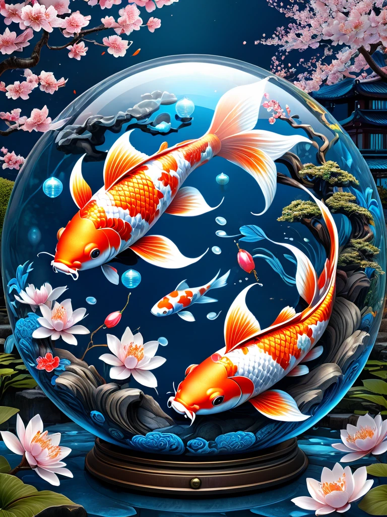 yin and yang Koi Fish, digital art, insanely detailed and intricate, ornate, retro cyberpunk fantasy, hyper realistic, hyper maximalist, wrapped in a transparent glass orb, lush Japanese aesthetic garden with cherry blossoms and lanterns with koi fish patterns in background, atomic design style of 1950's retro futurismo, with a color scheme of blue and white