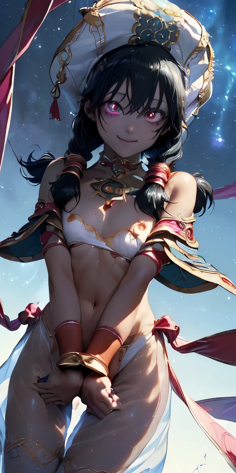 (masterpiece, best quality:1.3), (cinematic angle:1.3), perfect face, expressive eyes, 1girl, looking at viewer, 14 years old, (slim body, small breast:1.3), beautiful, anime, girl, lora, talim, 1girl, dark skin, black hair, braid pigtails, white hat, arabic clothes, see-through, (covering chest by hands:1.5), (corrupt, brainwashed, hypnotized, mind controlled:1.5), (evil smile:2.0), (big cute eyes:1.5), (empty eyes, simple eyes, glowing red pupils:2.0), (crotch tattoo, glowing tattoo:1.5), (cinematic lighting, fairy tale, realistic, dream-like, enchanting atmosphere:1.5), (fantastic and beautiful night sky, abandoned park:1.5),