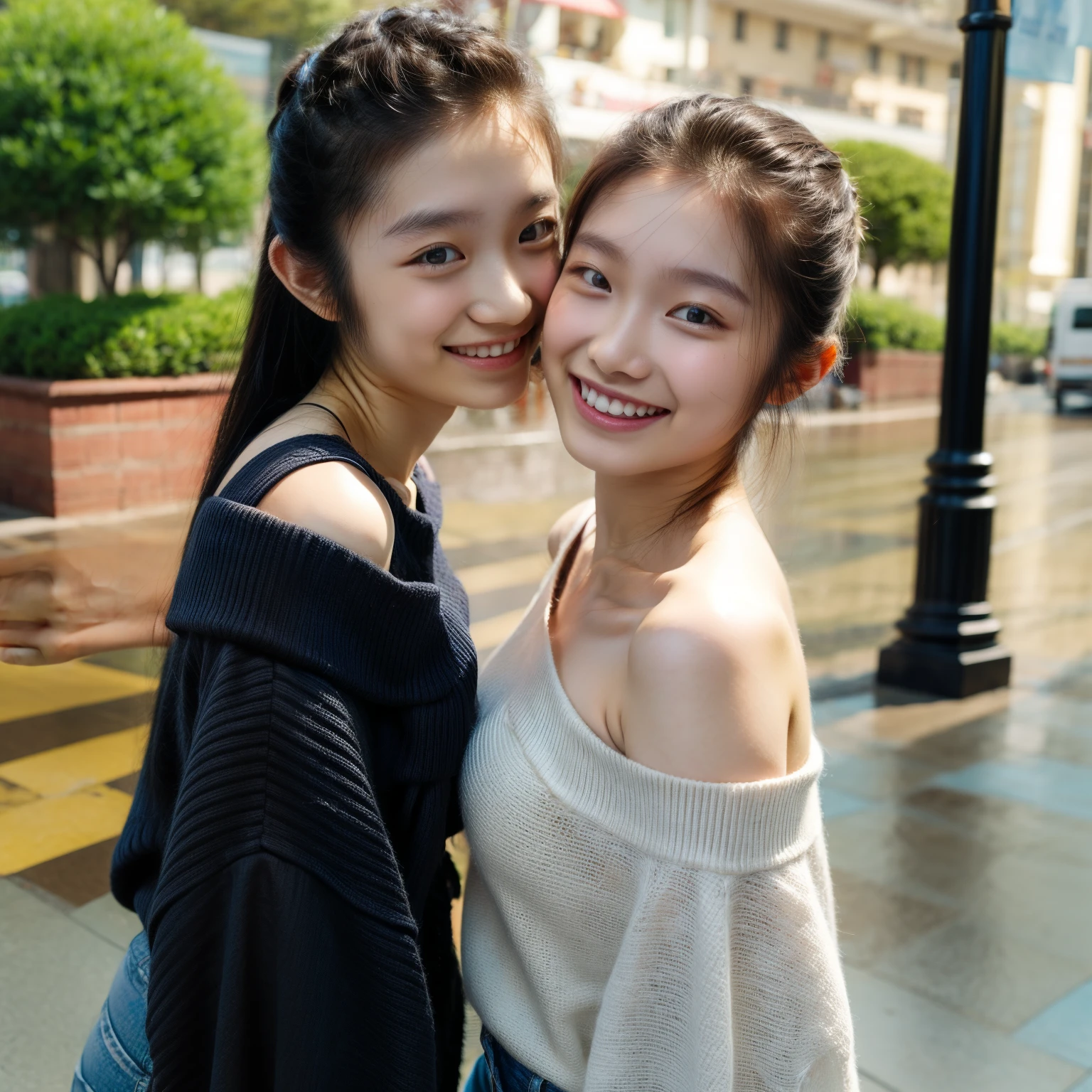 Identical twin sisters kissing, 15 years old, bangs, Smile、off-the-shoulder top