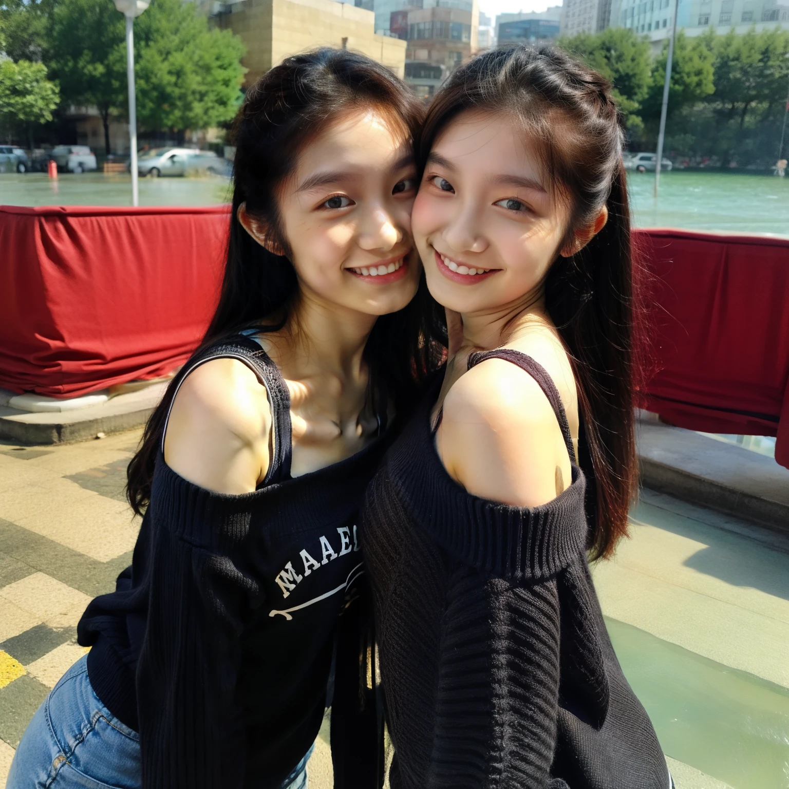 Identical twin sisters kissing, 15 years old, bangs, Smile、off-the-shoulder top