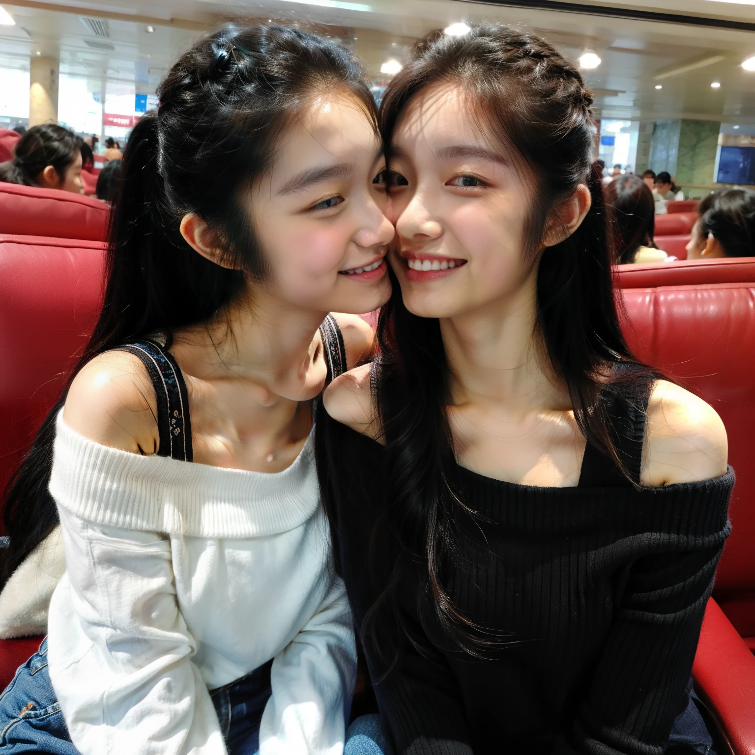 Identical twin sisters kissing, 15 years old, bangs, Smile、off-the-shoulder top