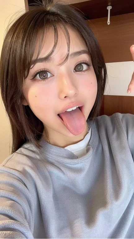 Japanese woman beautiful girl baby face top quality realistic skin eyes are in focus 20 years old stick out tongue focus on mouth open mouth long tongue saliva open mouth wide see inside of mouth open mouth and stick out tongue