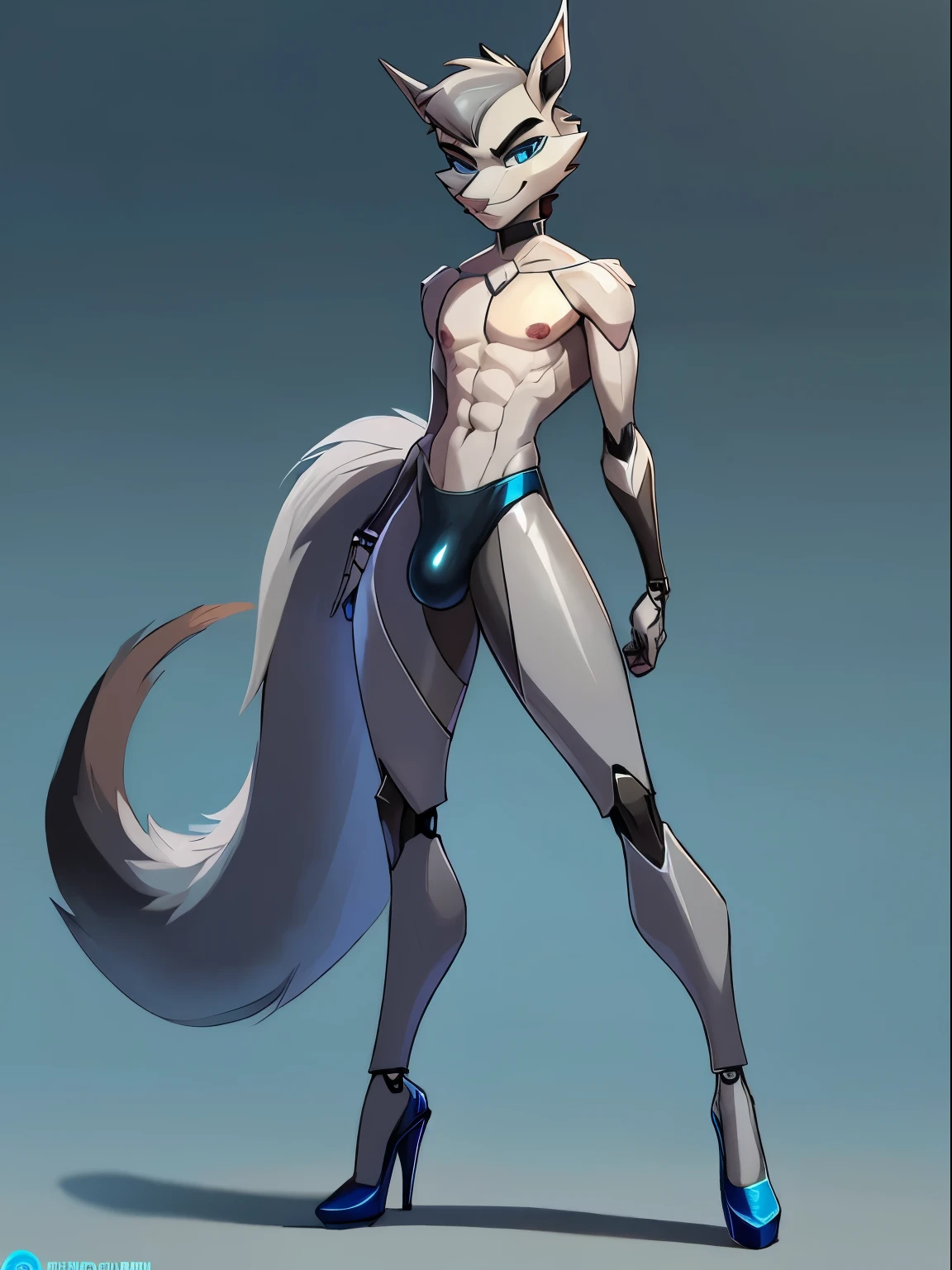 ((full body)),Male, robot Gray wolf, BLUE LCD eyes, long tail, big nipples, slim, sly, simple background,, smirk, bulge,((high heels))