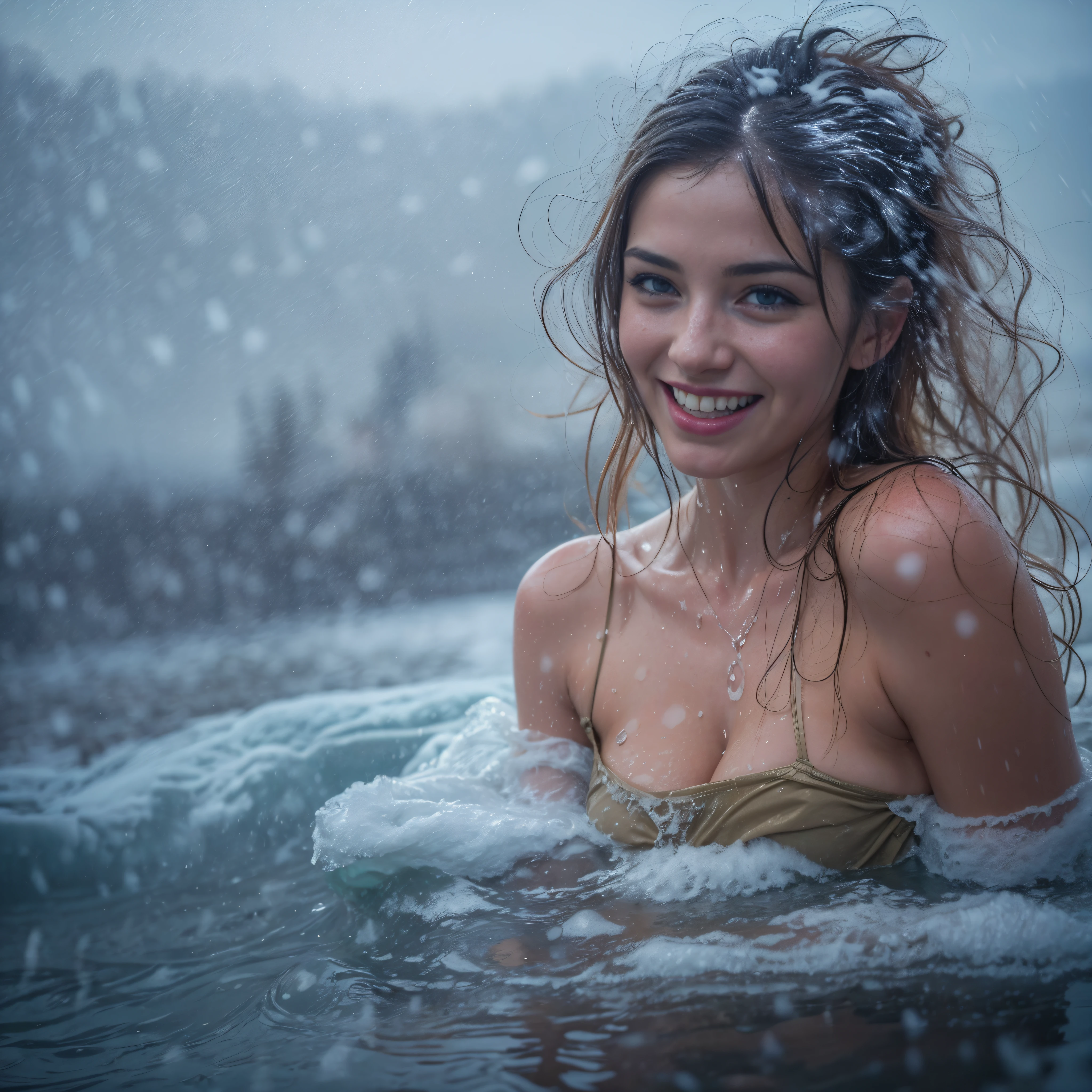 (masterpiece, 8k, best quality:1.2), in the hot spring, outdoor, 1girl, 27 yo icelandic woman,  smile, looking at viewer, lace teddy, chemise, wet clothes, soaked, wet hair, wet skin, translucent, glistening with oil, drenched, winter landscape, steamy water, see through, playful, snow, falling snow