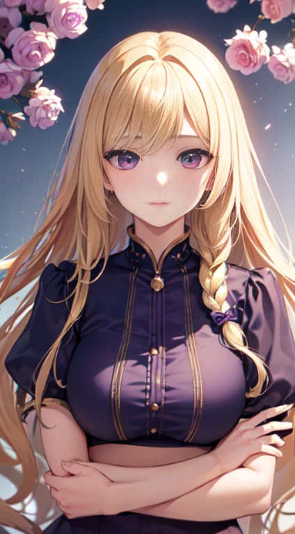 最high quality,very detailed,high quality,Extremely detailed,masterpiece,Super fine,ultra high resolution,超high quality,super realistic、(1 person:1.2)、woman、(Mature:1.5)、Blonde Hair Color、(Braid)、(Captivatingly shining purple eyes)、big breasts 、slender body、