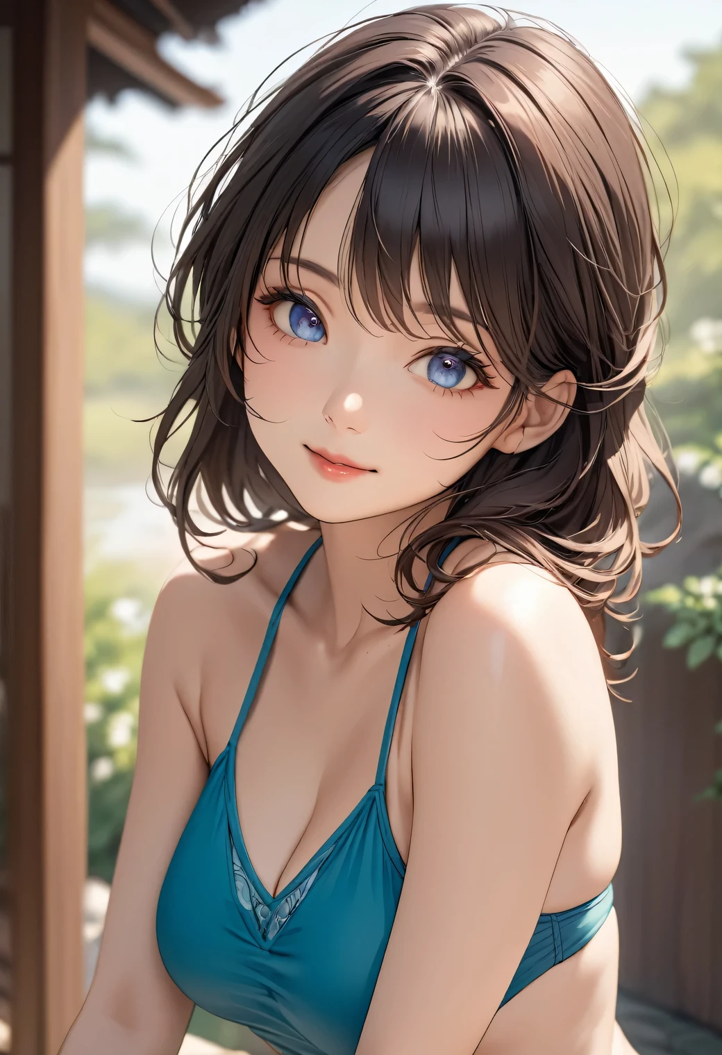 (((high resolution)))、(((masterpiece)))、Japanese beautiful girl、40 years old, detailed face, detailed eyes, perfect face、cute face, (((simple swimsuit)))
