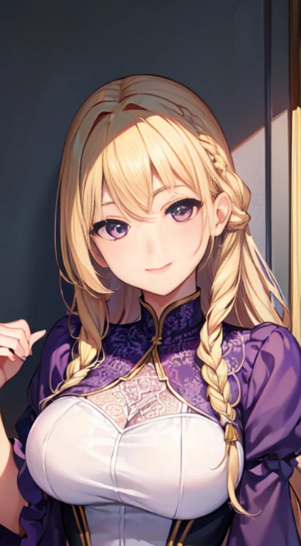 最high quality,very detailed,high quality,Extremely detailed,masterpiece,Super fine,ultra high resolution,超high quality,super realistic、(1 person:1.2)、woman、(Mature:1.5)、Blonde Hair Color、(Braid)、(Captivatingly shining purple eyes)、big breasts 、slender body、(smile:1.3)