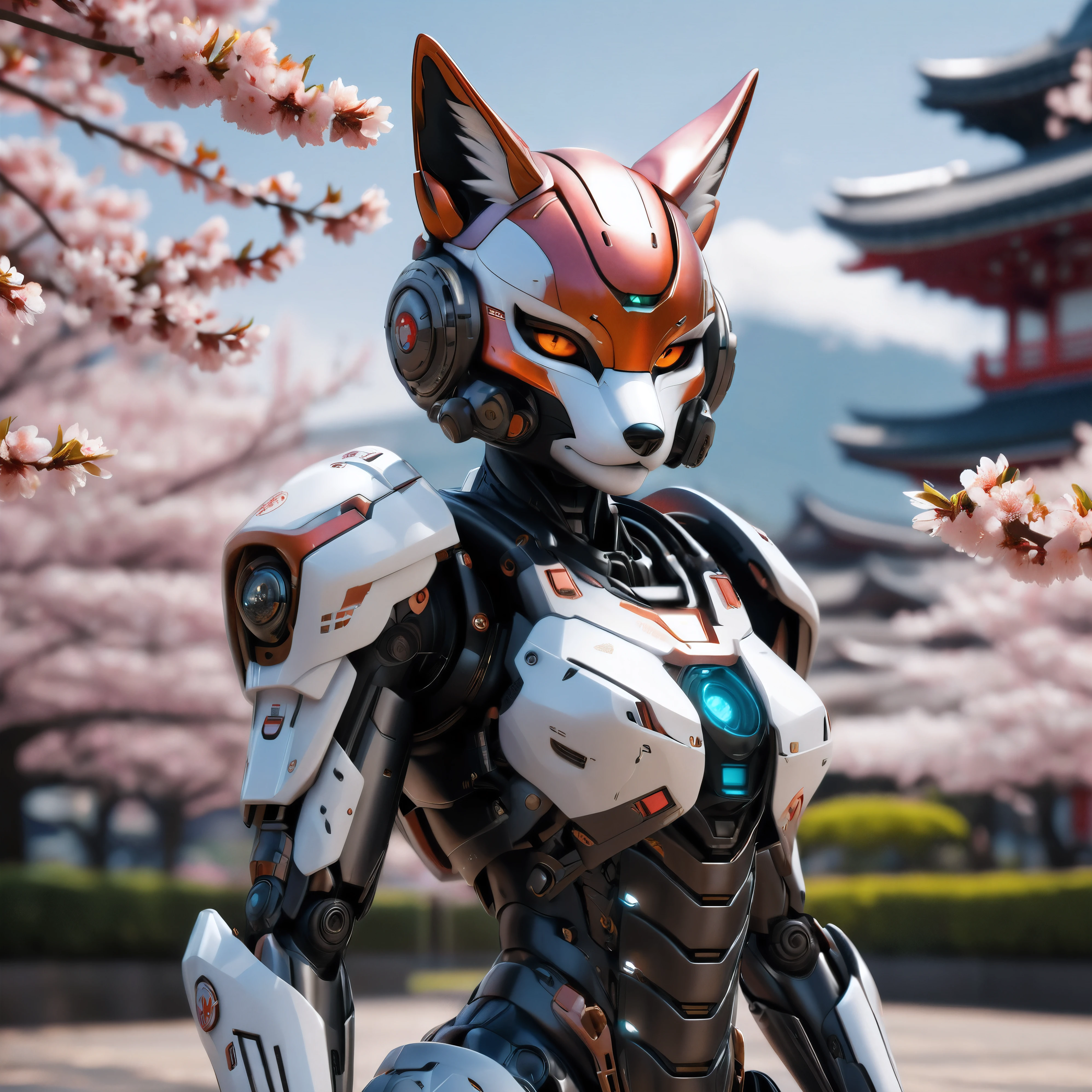 an ultra detailed, hiper realism, digital art, of a mecha Fox, with in an elegant Japan flag colors in your cyborg armor with mechanic parts and cyborg helmet and park wirh sakura on background , sci-fi armor, super detailed armor, carbon textures, ghost in the shell, deus ex, full body shot, action pose, ultra sharp focus, award winning photography, perfect contrast, high sharpness, depth of field, ultra detailed photography, global illumination, smooth, 18mm, full body vision, ultra high definition, 8k, unreal engine 5, ultra sharp focus, award winning photography, trending on artstation