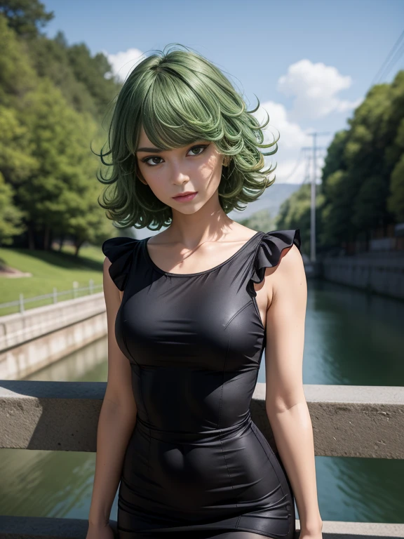 Masterpiece, best quality, detailed face, Tatsumaki, green hair, black dress, pelvic curtain, posing on a bridge, looking at viewer, neutral face