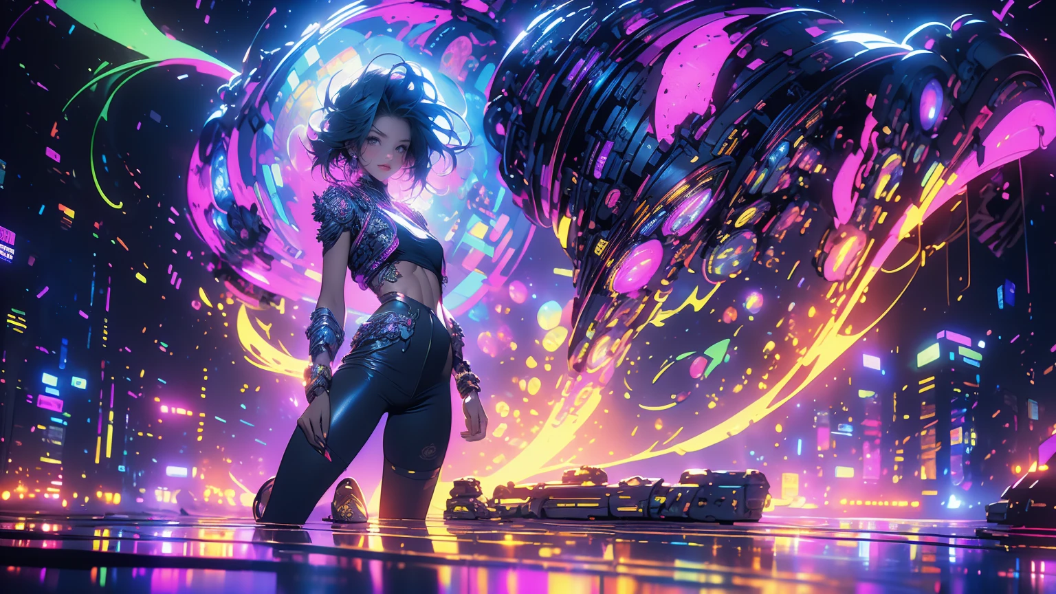 An ultra-realistic and ultra-detailed, Intricate Retrowave Environment, ((full body portrait)), (Downward View, From Above), A Gorgeous caucasian celestial goddess, barefoot, (on knees), (Small Hips Slim Body), (Straight Black Hair), (silver eyes), ((smaller breasts)), /(Wearing A Tight Shirt with Small (Cut Up) Cyberpunk Shorts/), (Confident Pose), Dynamic Angle, (From The Bottom), Galactic Clouds everywhere adorned with vivid chemiluminescent stars and galaxies floating through the cosmos, Atmospheric, radiating luminous cosmic energy, multicolored, vibrant lighting, visually stunning, surreal, epic, legendary, radically fantastic, sharp uhd, dof, 8k resolution, enhanced-realism