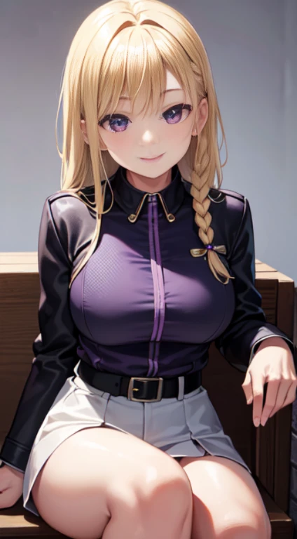 最high quality,very detailed,high quality,Extremely detailed,masterpiece,Super fine,ultra high resolution,超high quality,super realistic、(1 person:1.2)、woman、(Mature:1.5)、Blonde Hair Color、(Braid)、(Captivatingly shining purple eyes)、big breasts 、slender body、(smile:1.3)、Outlaw of the Wilderness, Black leather jacket, patch, retrofuturism, fall out