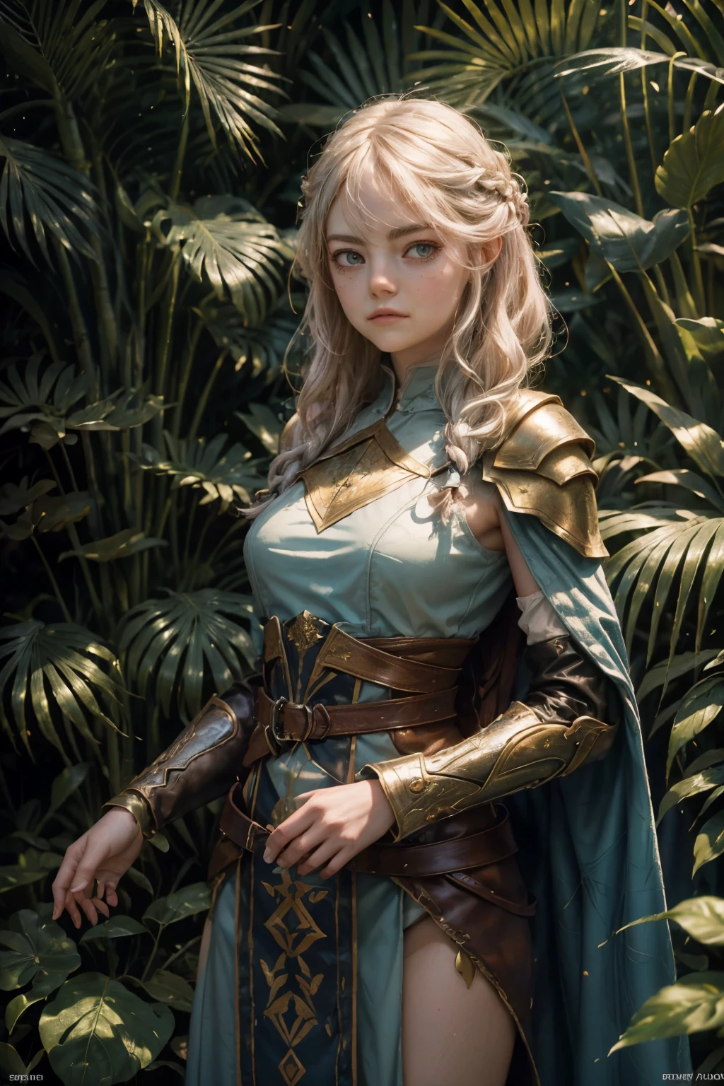 BJ_Oil_painting, fantasy painting, female ranger ((Emma Stone)), elegantly dressed in olive and brown robes with a hint of leather armor for added durability, hood drawn up to reveal only her cyan eyes and the tip of her braided blonde hair, standing amidst a serene yet mysterious forest scene, with each strand of her hair intricately detailed and every wrapper of her attire finely textured, the oil paint skillfully capturing the luminescence in her cyan eyes, the play of light and shadow on the forest floor, and the tranquility of the natural surroundings. The painting is rendered in incredible detail, with a high resolution revealing every fiber