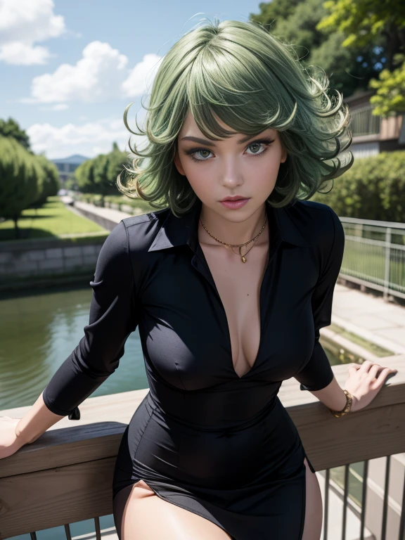 Masterpiece, best quality, detailed face, Tatsumaki, green hair, black dress, pelvic curtain, posing on a bridge, looking at viewer, neutral face