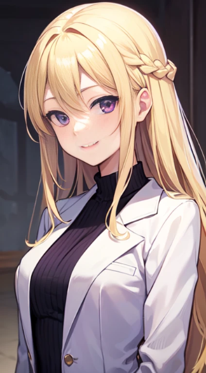 最high quality,very detailed,high quality,Extremely detailed,masterpiece,Super fine,ultra high resolution,超high quality,super realistic、(1 person:1.2)、woman、(Mature:1.5)、Blonde Hair Color、(Braid)、(Captivatingly shining purple eyes)、big breasts 、slender body、(smile:1.3),Upper body,line drawing,white blazer,black t-shirt,expressionless eyes,((Kubo Tite style))