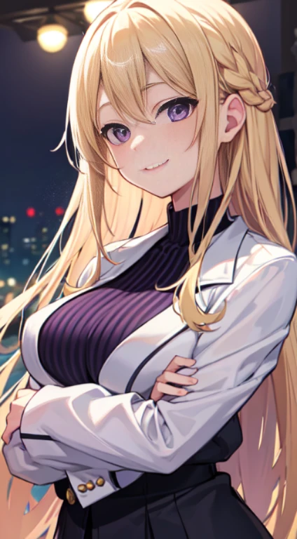 最high quality,very detailed,high quality,Extremely detailed,masterpiece,Super fine,ultra high resolution,超high quality,super realistic、(1 person:1.2)、woman、(Mature:1.5)、Blonde Hair Color、(Braid)、(Captivatingly shining purple eyes)、big breasts 、slender body、(smile:1.3),Upper body,line drawing,white blazer,black t-shirt,expressionless eyes,((Kubo Tite style))