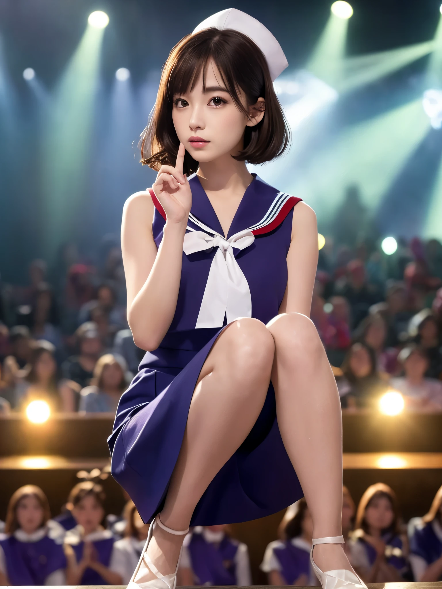 White base with purple-red sailor suit、tulle skirt、23 years old, Performing on an empty stage, concert photos, cute core、(bob hair)、(((watching the audience)))、ribbon on head、（自然でdetailed face立ち、beautiful and detailed eyes、beautiful and dense lips、very detailed eyes、detailed face、long eyelashes）（8K resolution）、High resolution、masterpiece：1.2 )、Super detailed、(real、photorealistic、photorealistic: 1.37)、8K、fantastic lighting、bright colors、sitting posture、bold spread legs、(anatomically correct）、（perfect body proportions)、(natural hands、natural fingers)