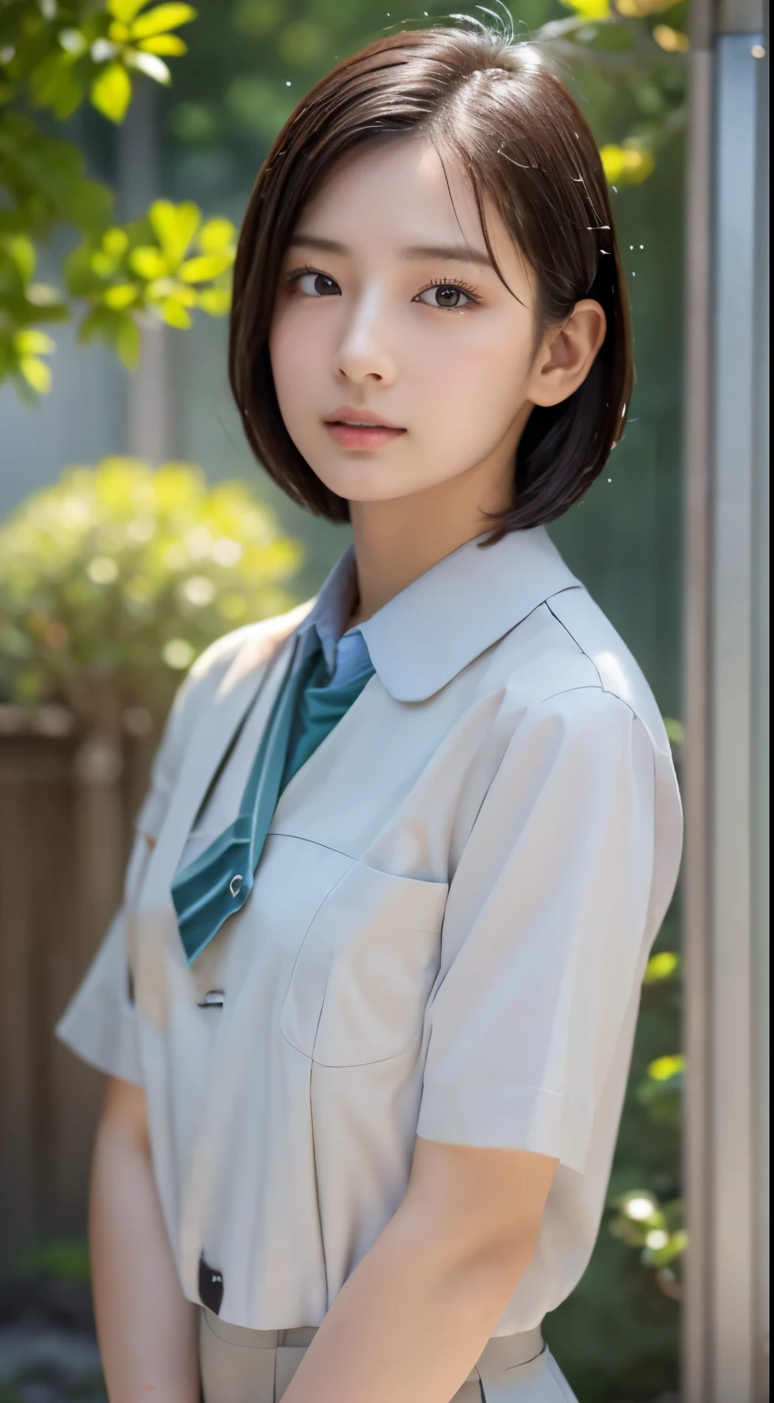 Photorealistic beautiful female student、18-year-old、amazingly beautiful、beautiful body、(highest quality、8K、32k、masterpiece、nffsw:1.3)、ultra high resolution,(Photoreal:1.4),Raw photo, detailed face,,beautiful hair, ((doctor style)), ,very short hair 、very short hair、amazingly beautiful二重まぶた、beautiful nipples、 natural makeup,, Small and perfect breasts, wet hair、detailed background, perfect lighting, Depth of written boundary, beautiful shadow gradation、thin limbs、thin thighs、(whole body)、((school uniform))、very wet body、(outdoor shower room、I take a shower)、Beautiful and slim perfect body、Beautiful high nose、shaved pubic hair、side view