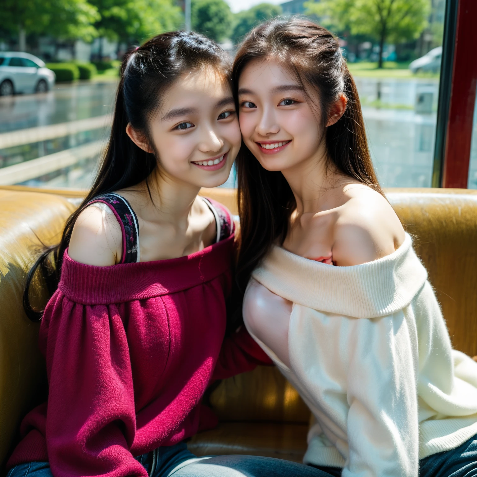 Identical twin sisters kissing, 20-year-old, bangs, Smile、off-the-shoulder top