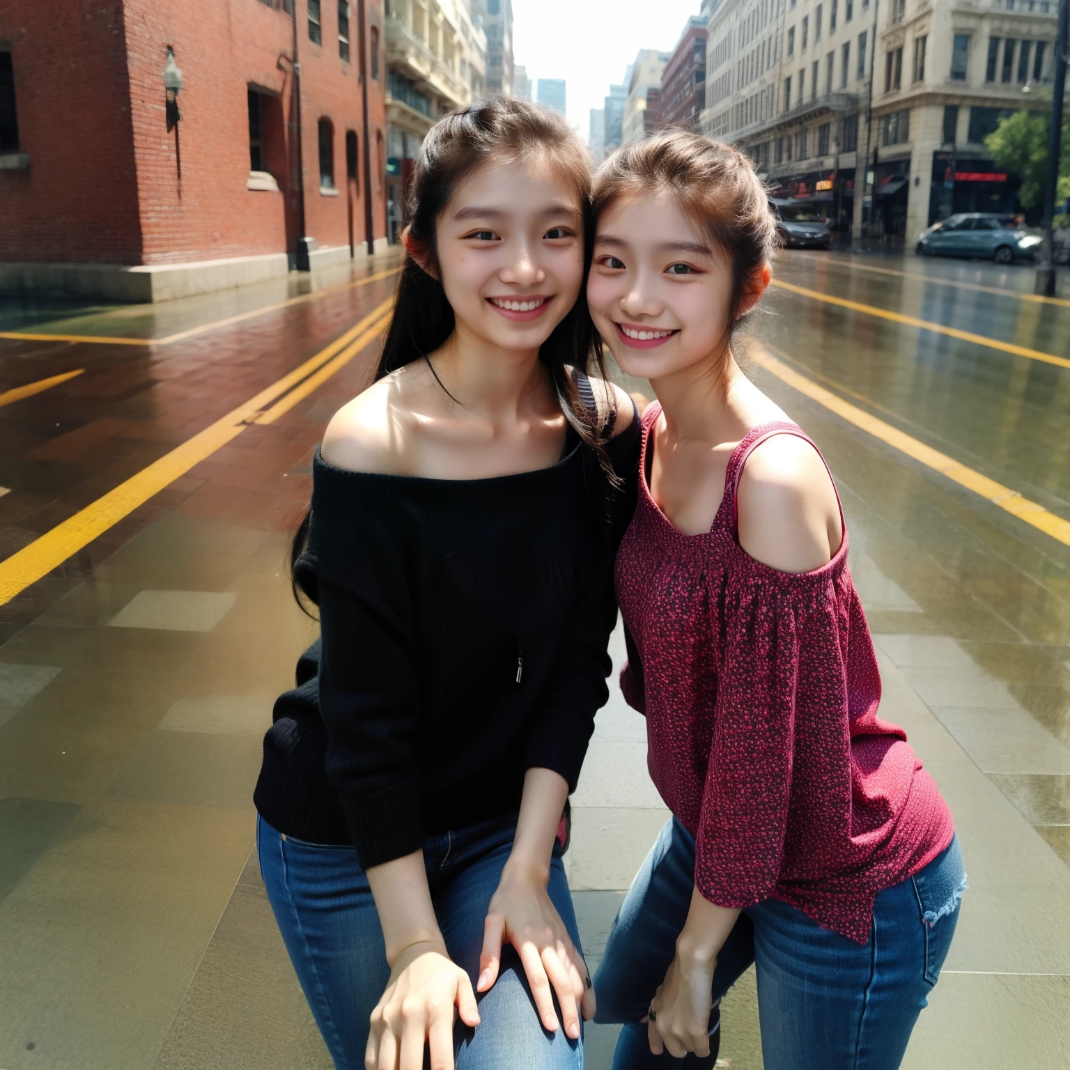 Identical twin sisters kissing, 20-year-old, bangs, Smile、off-the-shoulder top