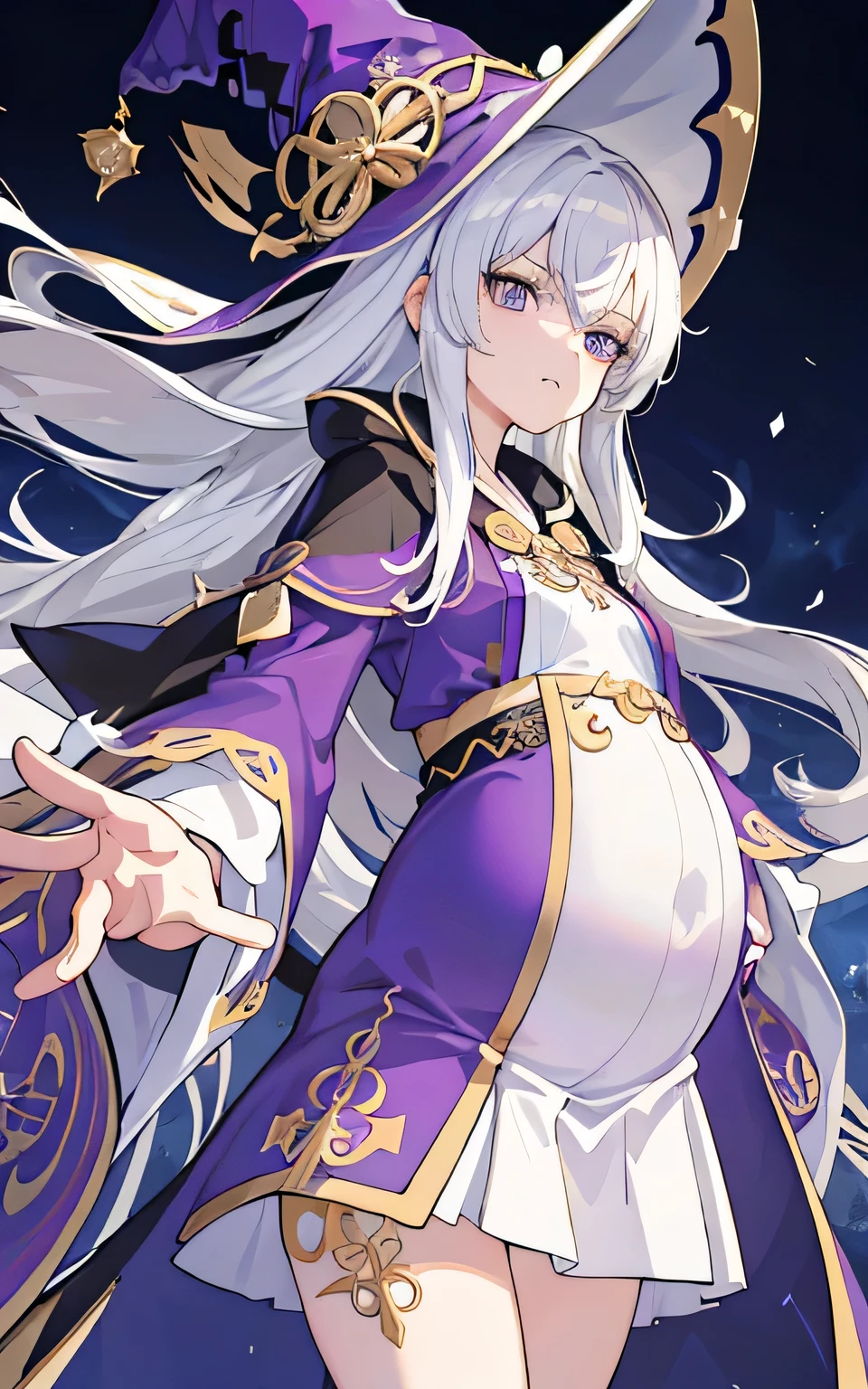 (8K, Best quality at best, tmasterpiece:1.2),\(Eyes detailed\),\(facial feature\),(\(Clothing details body details,(surface focus) ,Very detailed CG unified 8k wallpaper,hugefilesize,ultra - detailed,A high resolution,Huang Li,beautidful eyes,ray traycing,Dramatic shadows,Detailed pubic hair,dramatic angles,hyper-detailing,(1 girl:1.3),(Alone),14 years old,White hair,long, slick hair,Messy Haier,Fuple eyes,Student Highlights,big and round eyes,cute girls,smallunderboob,Young and beautiful girl,Scared,pouting,(Purple gold embroidered magic robe),Willow waist,Witch hat.magic guild background,Marble building,English architectural style, pregnant