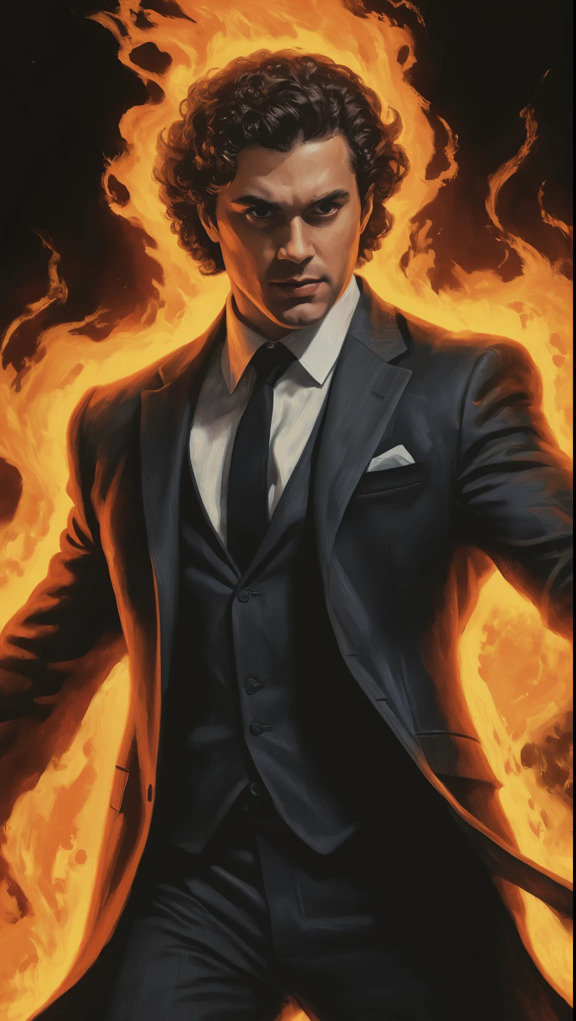 An illustrated movie poster, hand-drawn, full color, a male demon, 28 years-old, wearing a slim suit, covered in flames, reddish skin, stocky physique, protruding belly, slightly chubby, deep brown eyes, wide bulbous nose, full lips, black hair, curly hair, thick bushy eyebrows, extremely hairy chest, stomach, and arms, lots of body hair, posing in a demonic hellscape, hard shadows, graphite shading, stencil markings, airbrushed acrylic paint, masterpiece