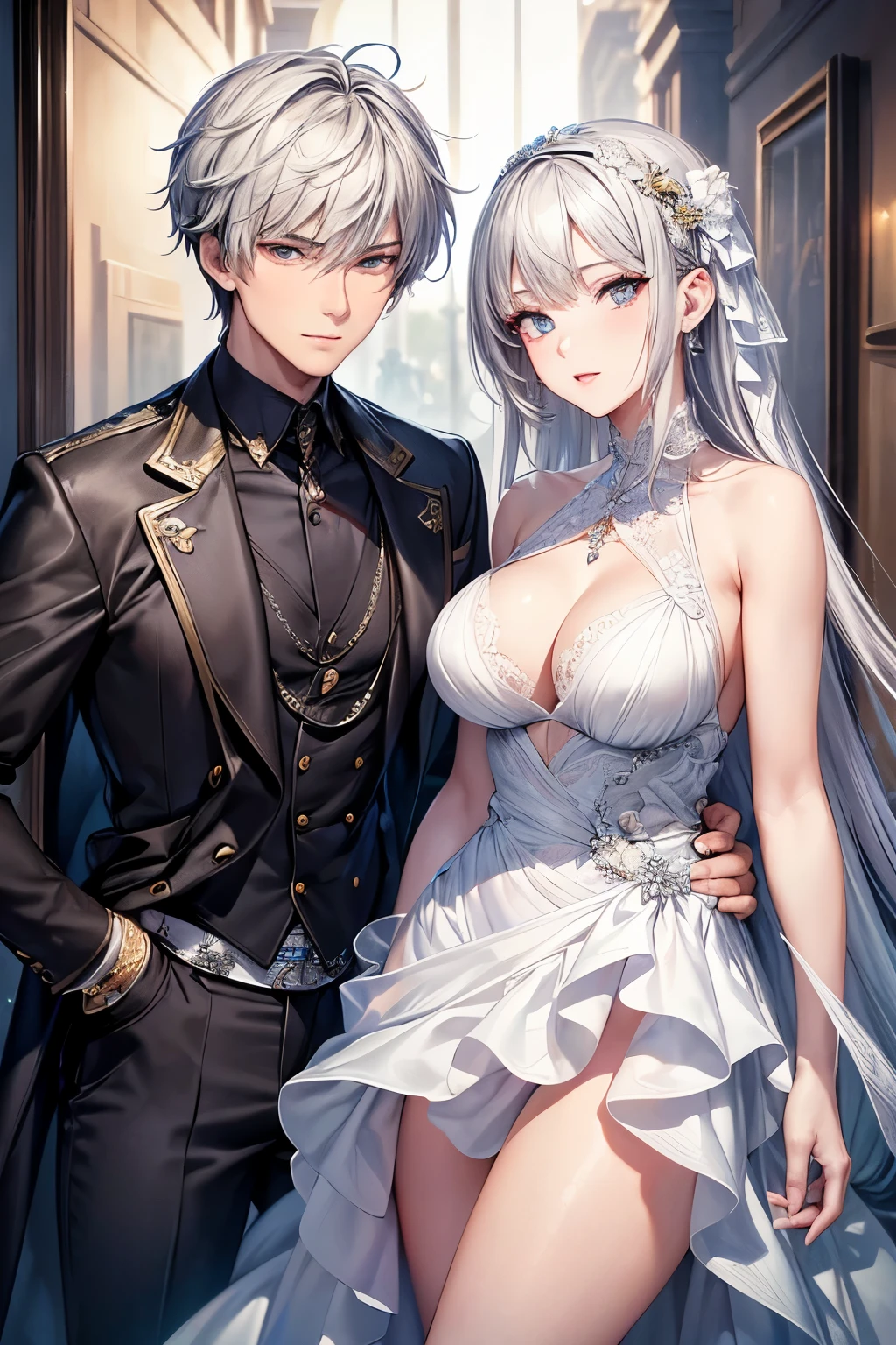 masterpiece, high quality, High resolution, super detailed, perfect anatomy, handsome boy, beautiful eyes, fine eyes, beautiful girl,((((1 boy and 1 girl)))),((couple)), duo, silver hair,