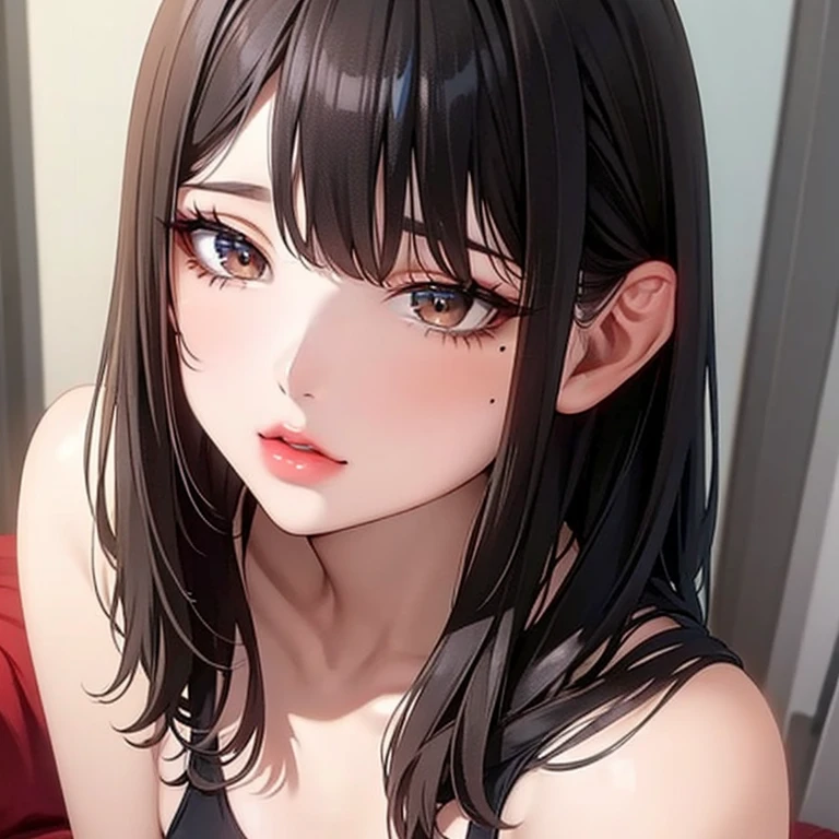 best quality, highres,Slender、brown eyes、tall、black hair、(No bangs:1.3)、(semi-long:1.3),straight hair、luxury hotel、(naked:1.4)、on the bed、On your back、dark room、night
