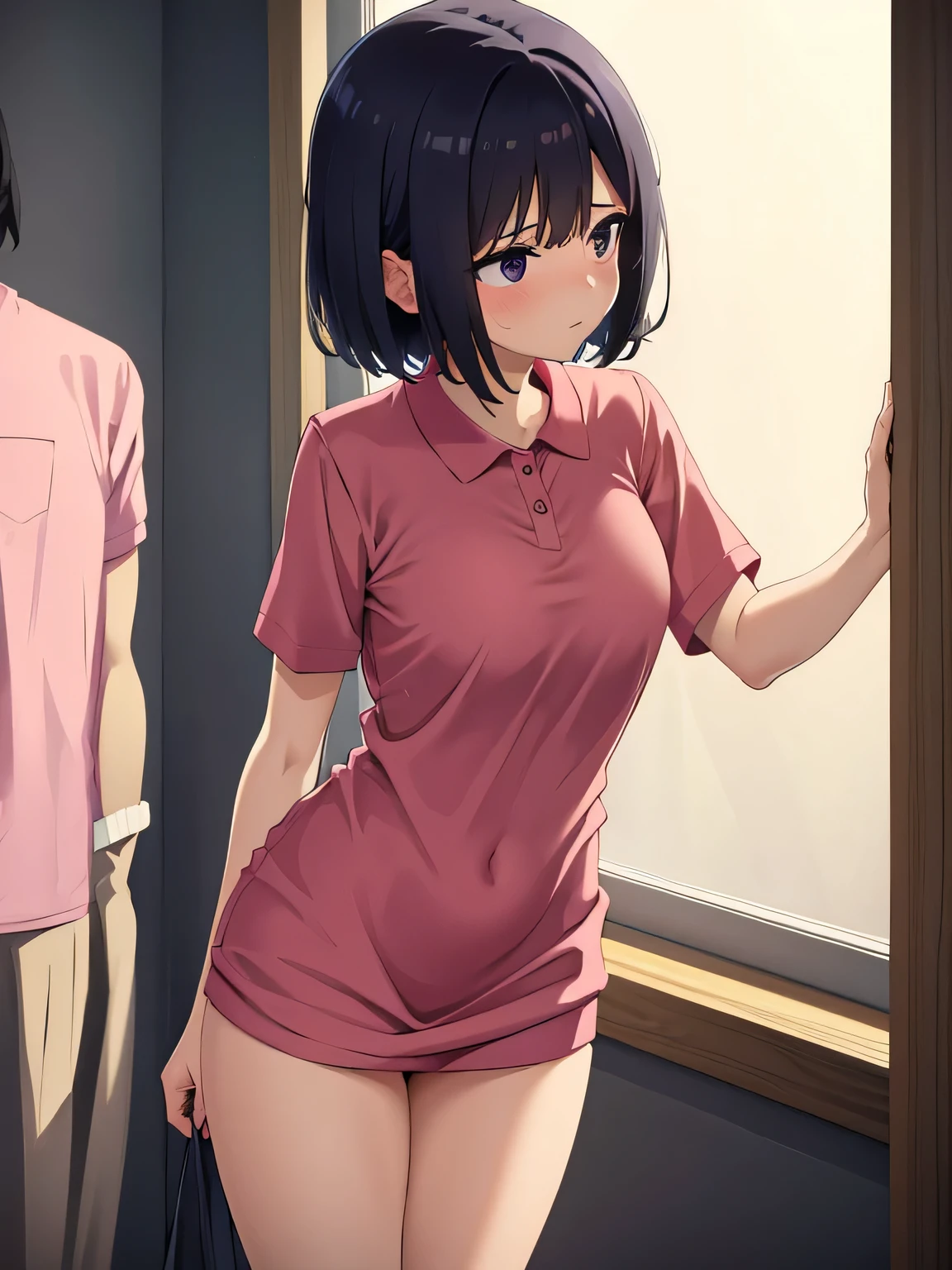 1girl,1boy, ((wet, wet clothes)), heavy breathing, pressure face, opening door,((embarrassed, smiling, blushing:1.2)),((opening the door, NTR:1.3)) indoor, (((boy in the Far background:1.4))), NTRMAN, hand on another's shoulder