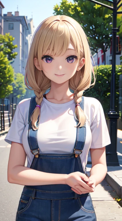 最high quality,very detailed,high quality,Extremely detailed,masterpiece,Super fine,ultra high resolution,超high quality,super realistic、(1 person:1.2)、woman、(Mature:1.5)、Blonde Hair Color、(Braid)、(Captivatingly shining purple eyes)、big breasts 、slender body、(smile:1.3)、pho3b3cat3s photo, きれいなwoman, street, T-shirt, denim overalls, (masterpiece), (very detailedなCG Unity 8K壁紙), Complex, ((realistic)),